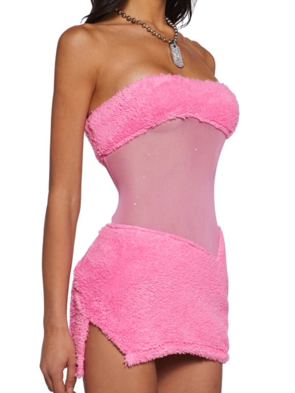 Strapless Pink Plush Sparkly Mesh Mini Dress